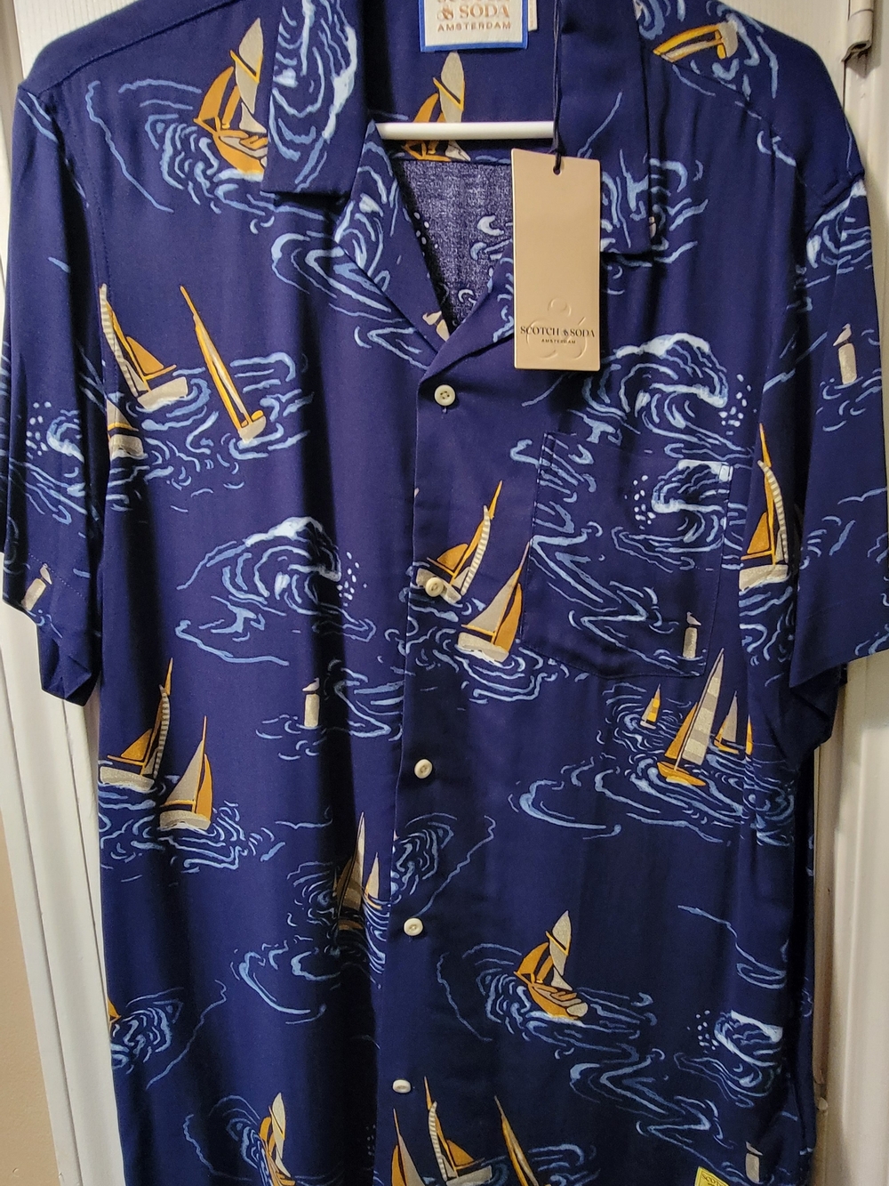 Scotch & Soda Navy Short Sleeve Shirt with Yellow Sailboat Print